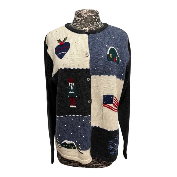 Vintage 90s Liz Claiborne Christmas Sweater XL Blue Nutcracker Granny Cottage - Picture 7 of 14